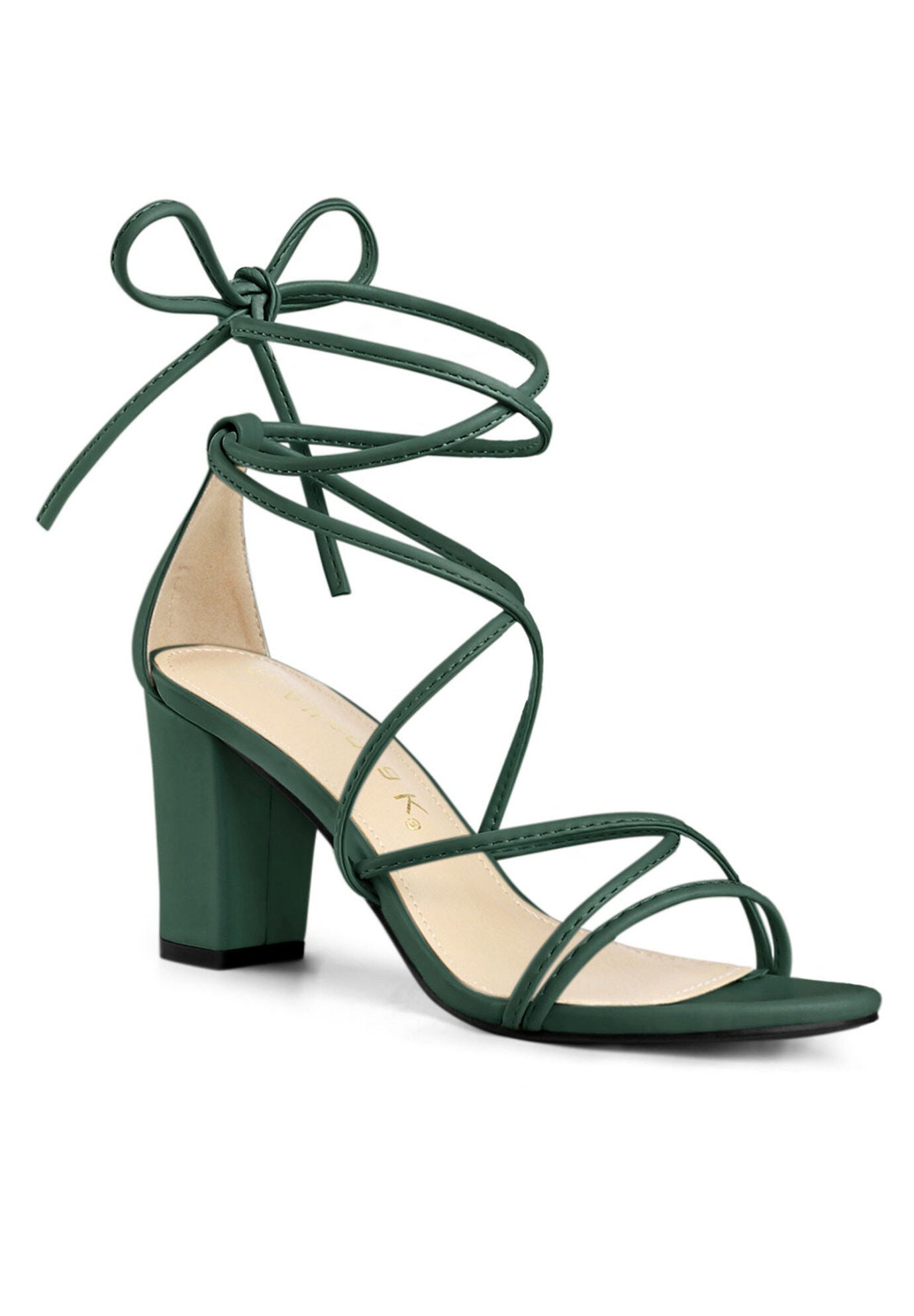 Strappy Lace Up Chunky Heeled Heels Sandals, Dark Green / Forest Green, hi-res image number 0