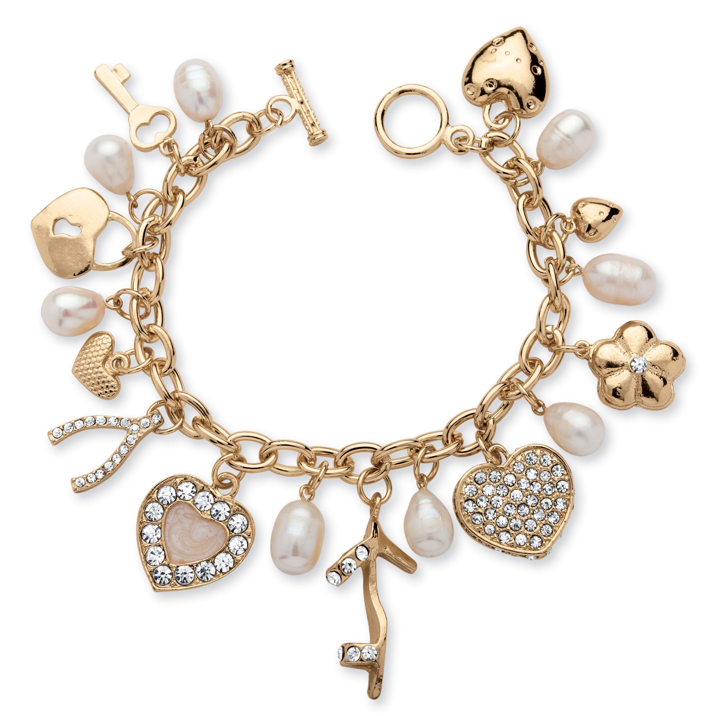 Fashion Cultured Freshwater Pearl Crystal Charm Bracelet in Yellow Goldtone, White / White, hi-res image number 0