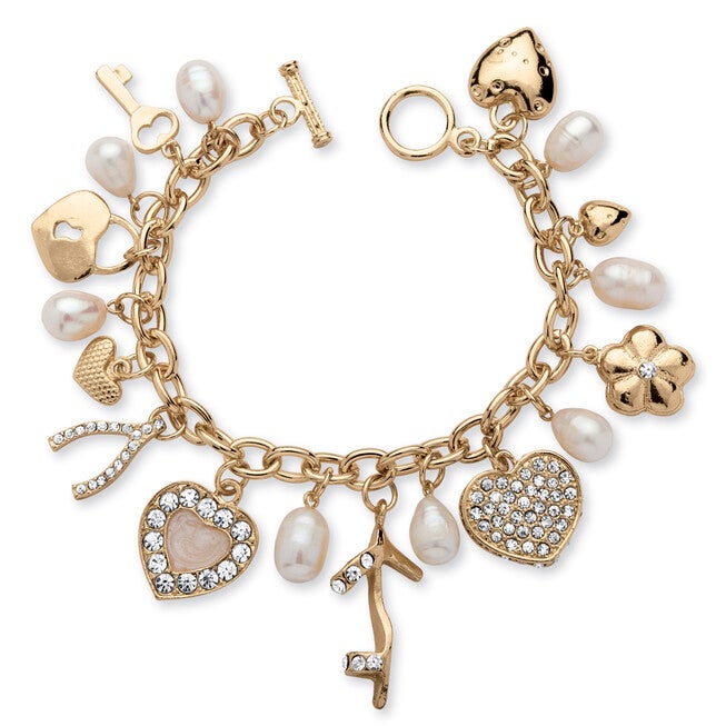 Fashion Cultured Freshwater Pearl Crystal Charm Bracelet in Yellow Goldtone, White / White, hi-res image number 0
