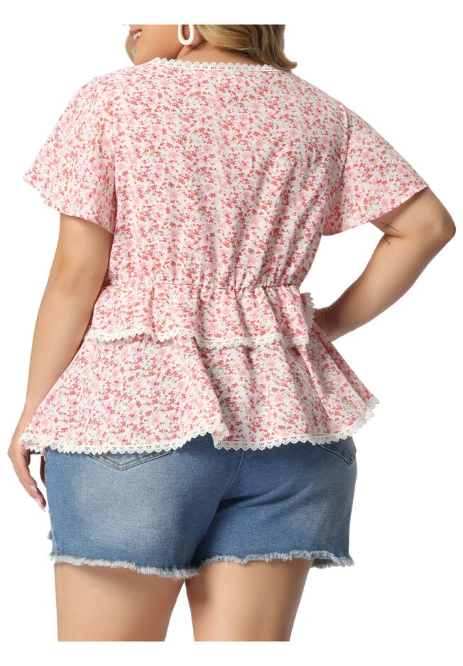 Floral Babydoll Sweetheart Ruffle Short Sleeve Top Tiered Blouse, Pink / Pink, alternate image number null
