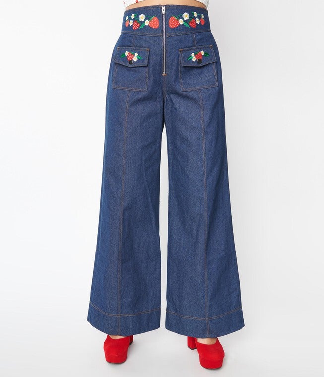 Smak Parlour Strawberry Blossom Embroidered Denim Wide Leg Pants, , alternate image number null