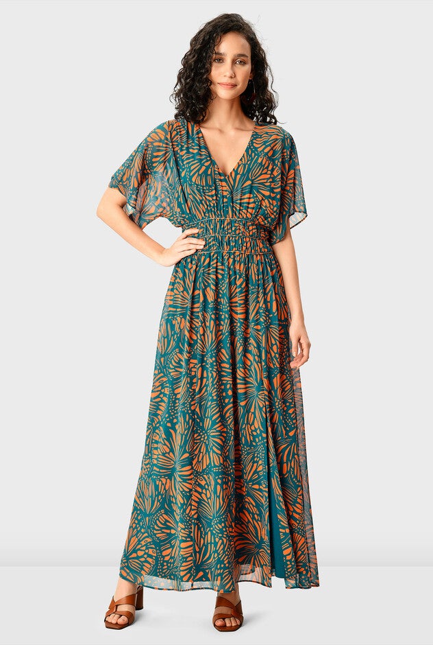 Graphic butterfly print georgette smocked waist dress, , alternate image number null