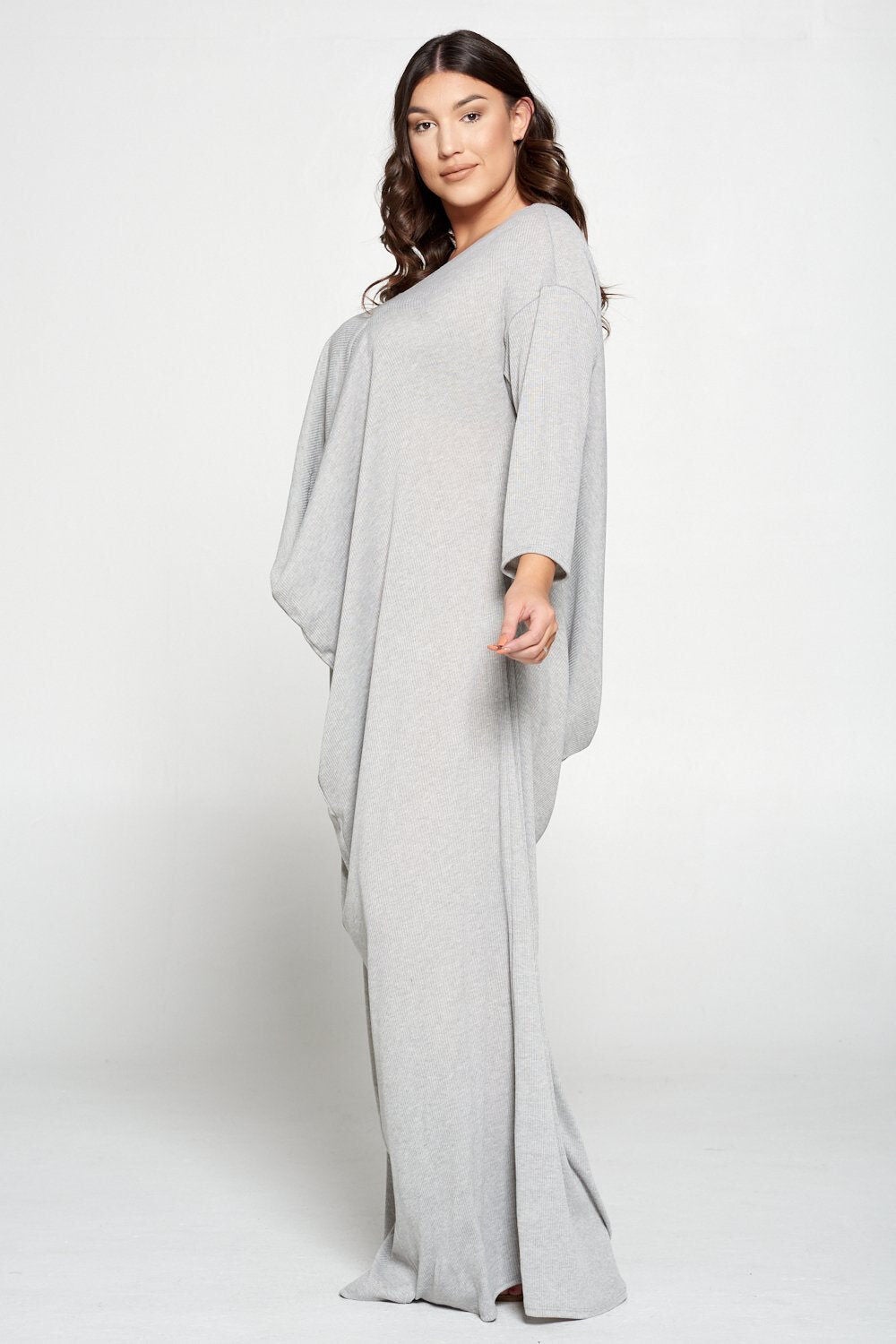 RIBBED LONG SLEEVE DRAPED CONTEMPORARY DRESS, Light Grey Rib / Cool Gray, alternate image number 3