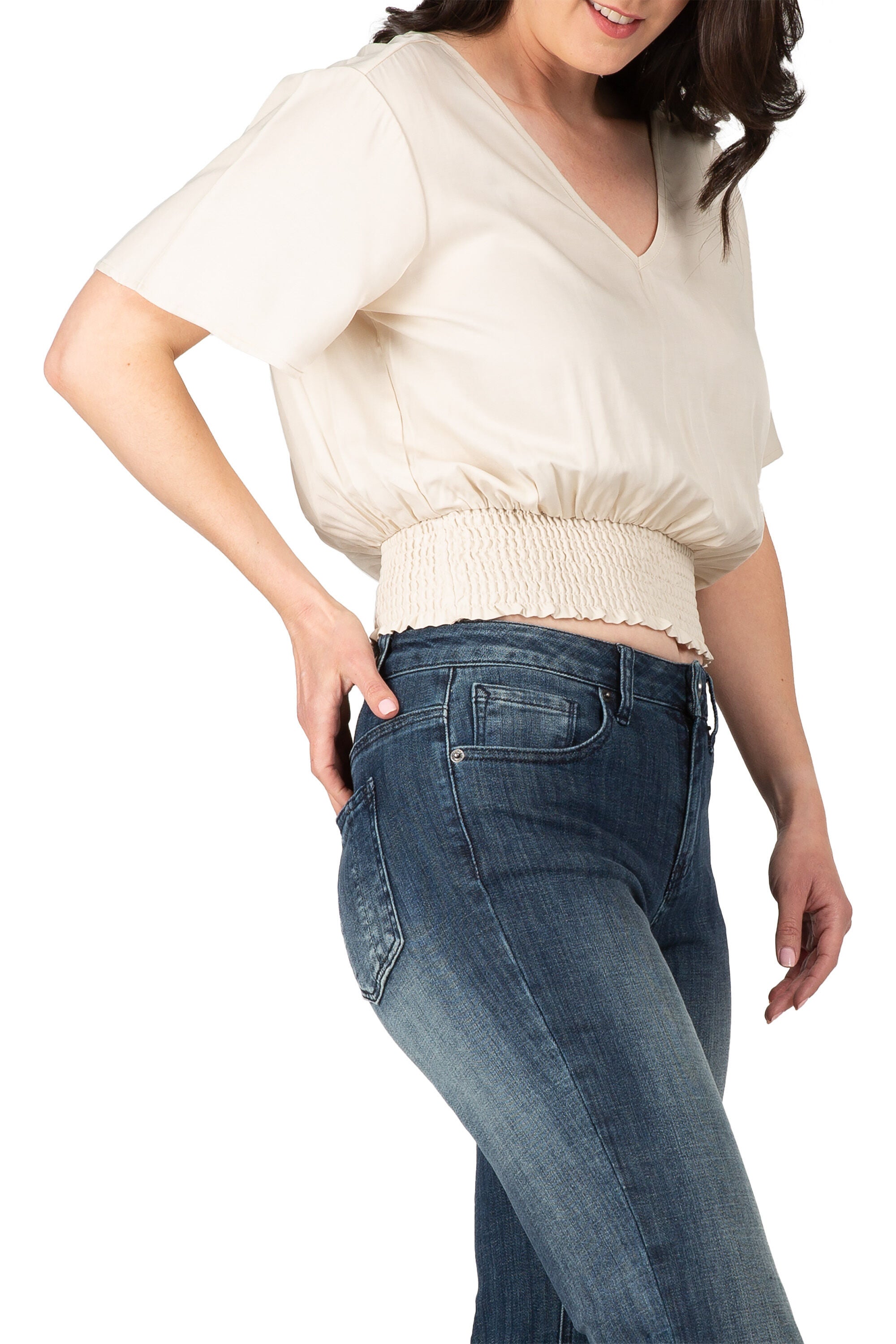 Allie Standards & Practices Women&#39;s Plus Size V Neck Short Sleeve Smocking Waist Blouse, , alternate image number 7