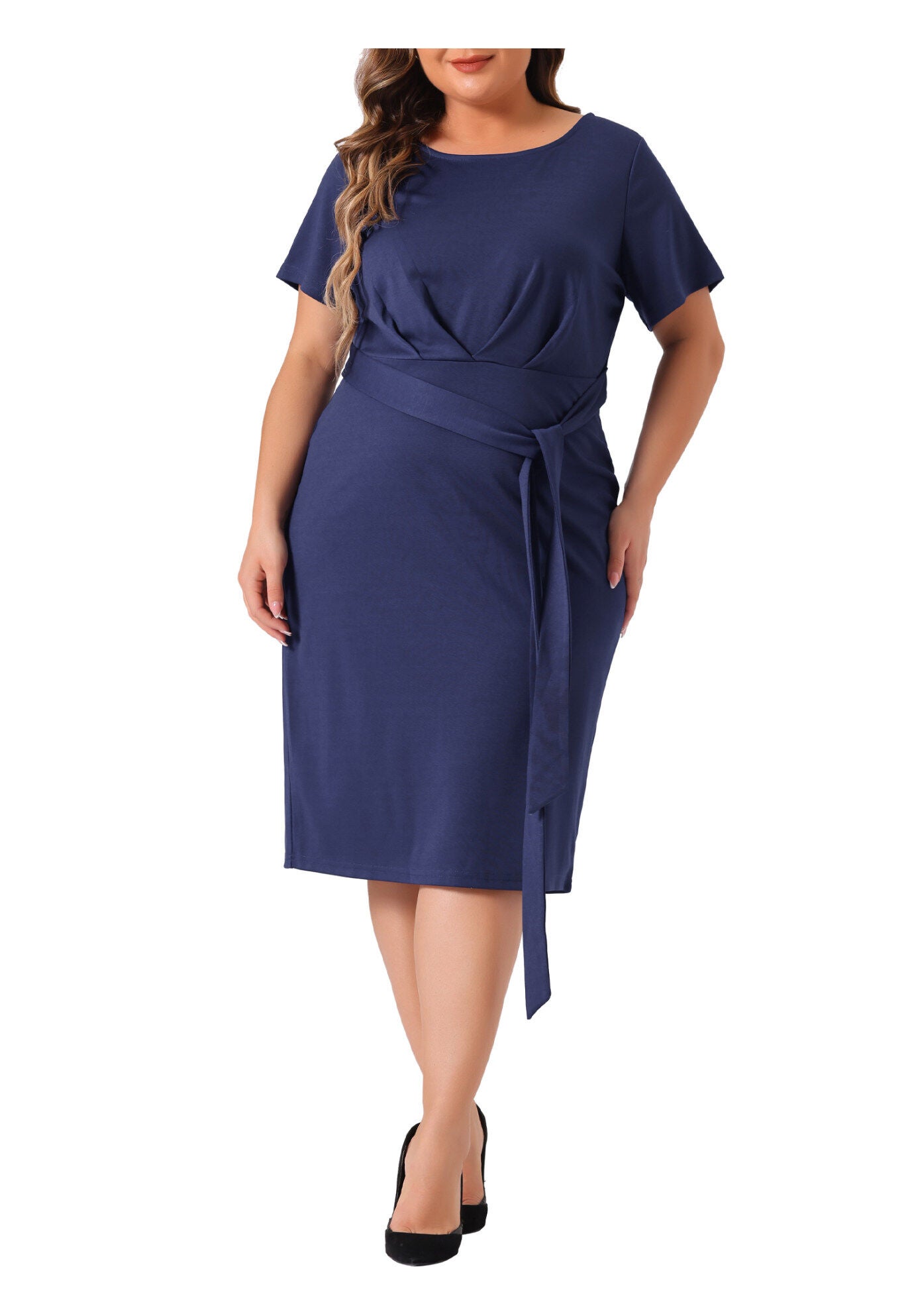Round Neck Short Sleeve Belted Knot Tie Midi Dress, Navy Blue / Navy, alternate image number 1