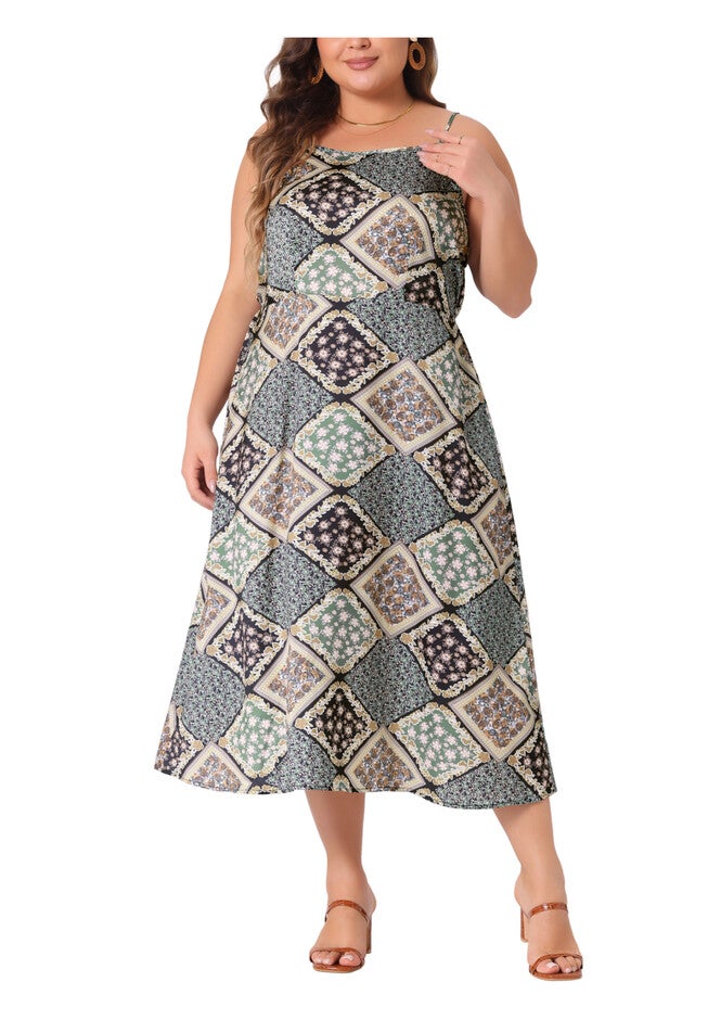 Bohemian Sleeveless Spaghetti Strap Midi Summer Dress, Green Brown / Brown, alternate image number 2