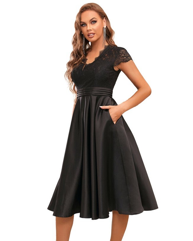 Lace Cap Sleeve V neck Cocktail Dress, Black / Black, hi-res image number 0