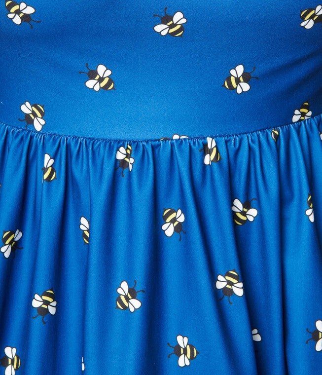 Unique Vintage Curve Blue Bee Print Swing Dress, Blue Bee Print / Royal Blue, alternate image number null