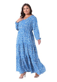 Printed Long Maxi Dress Lantern Sleeve Ruffle Hem Flowy Boho Dress