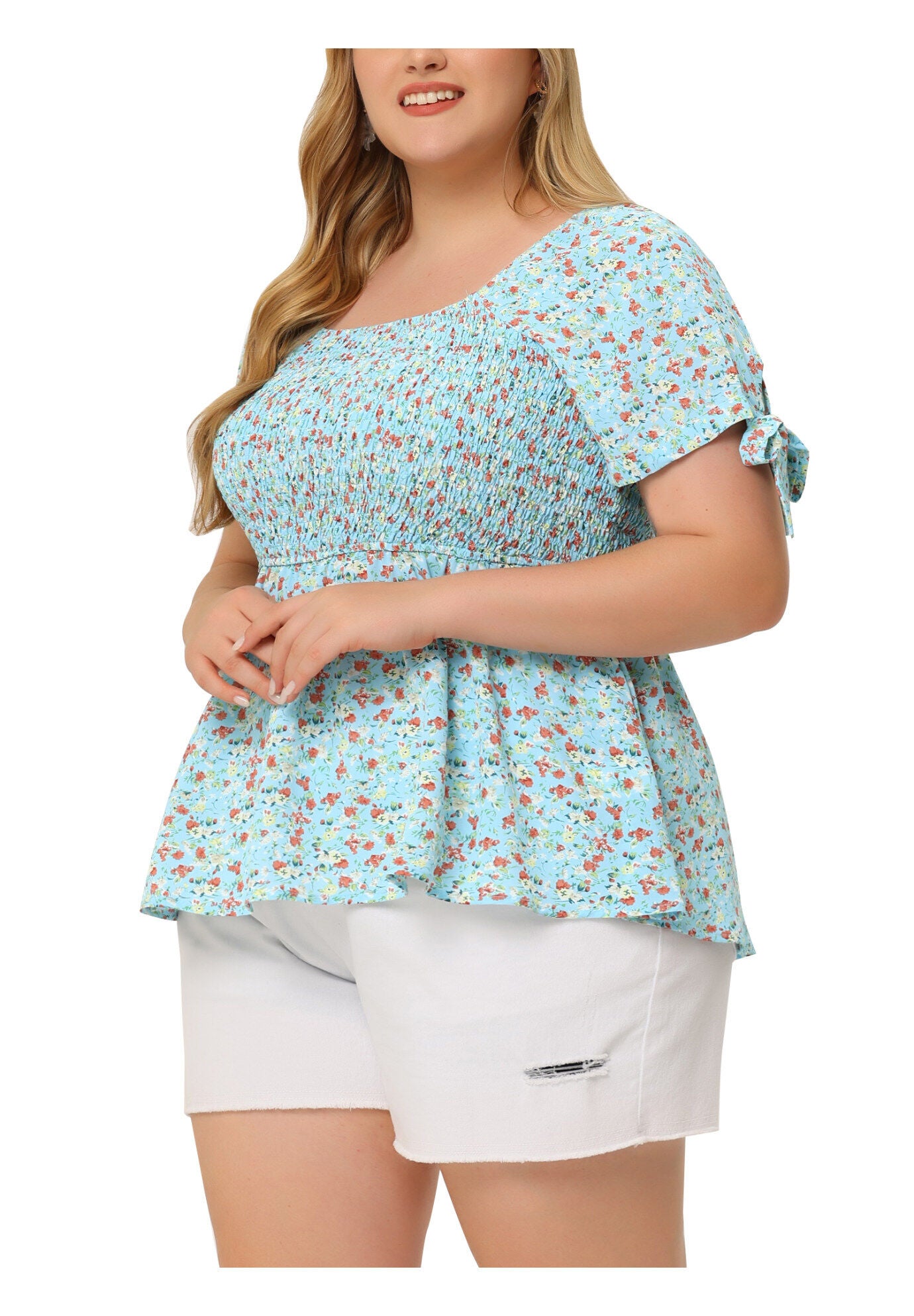 Summer Square Neck Smocked Bow Tie Short Sleeve Peplum Blouse, Light Blue / Light Blue, alternate image number 1
