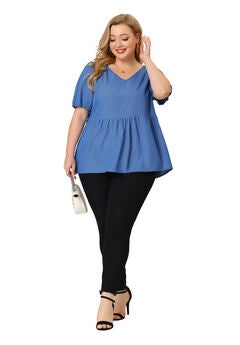 Summer Babydoll Top Puff Sleeve Chambray Short Sleeves Blouse
