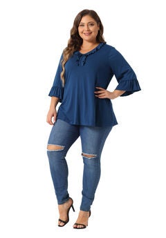 Ruffle Blouse 3/4 Sleeve V Neck Tunic Top