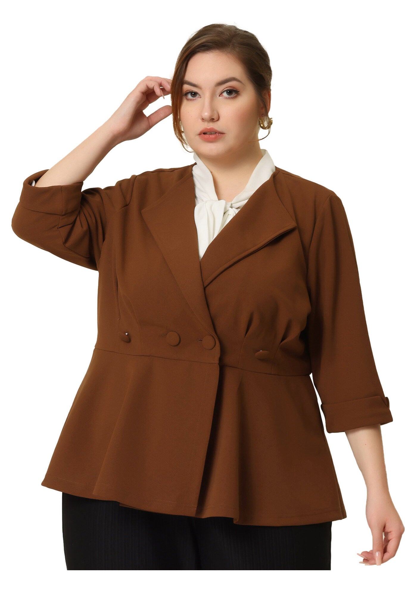 NOTCHED LAPEL PEPLUM JACKET SUIT BLAZER, Brown / Brown, alternate image number 2