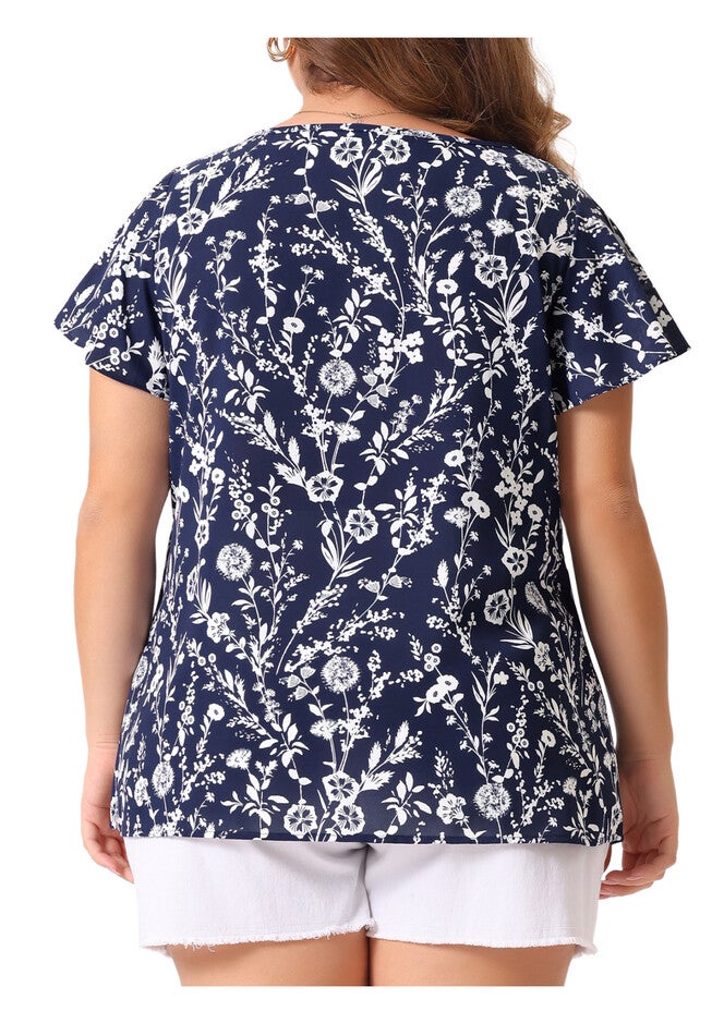 Short Sleeve Boho Top Floral Print Blouse, Navy Blue / Navy, alternate image number null