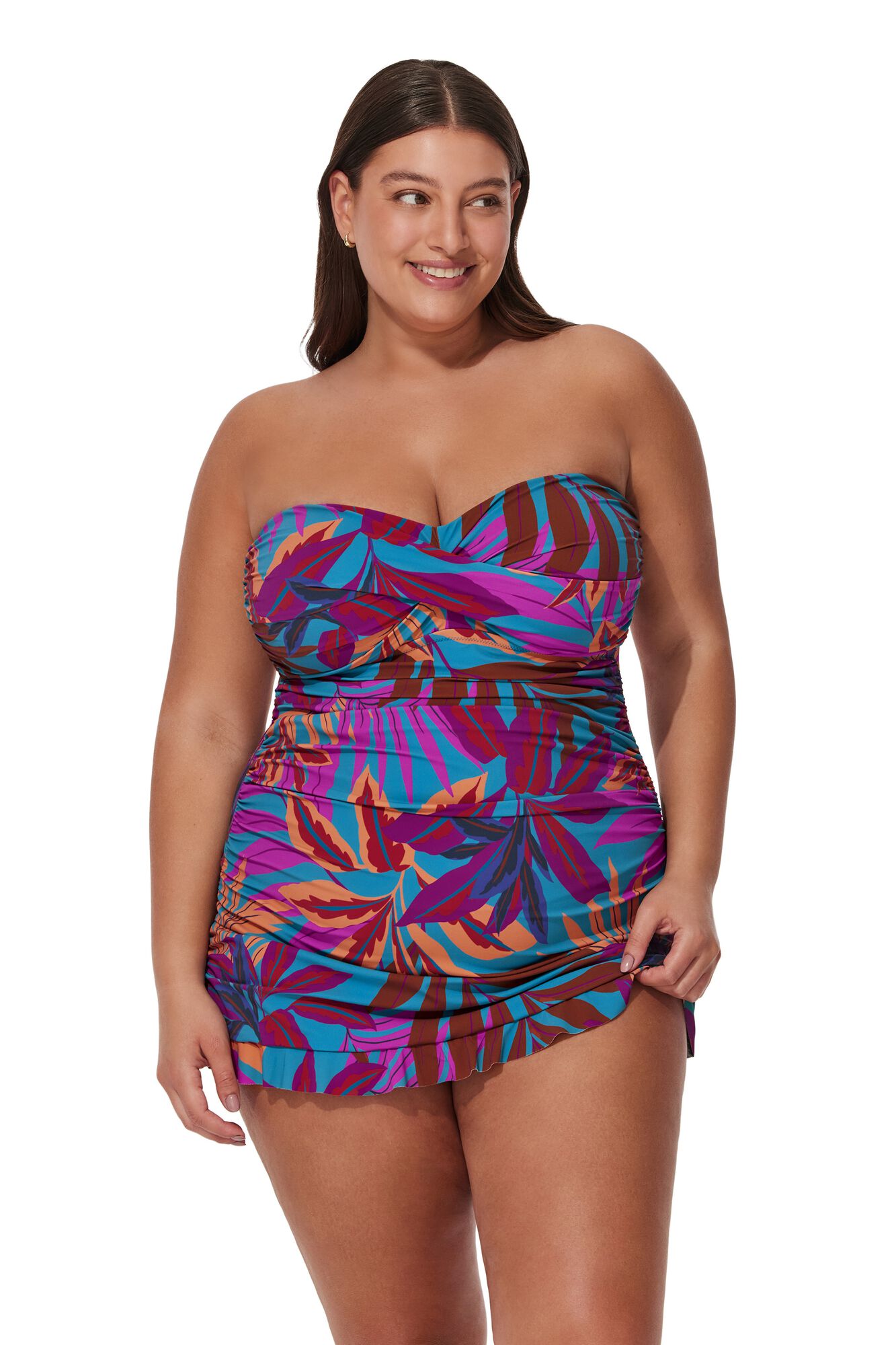 Plantopia Plus Size Bandeau Swimdress, MultiTeal / Dusty Blue, hi-res image number 0