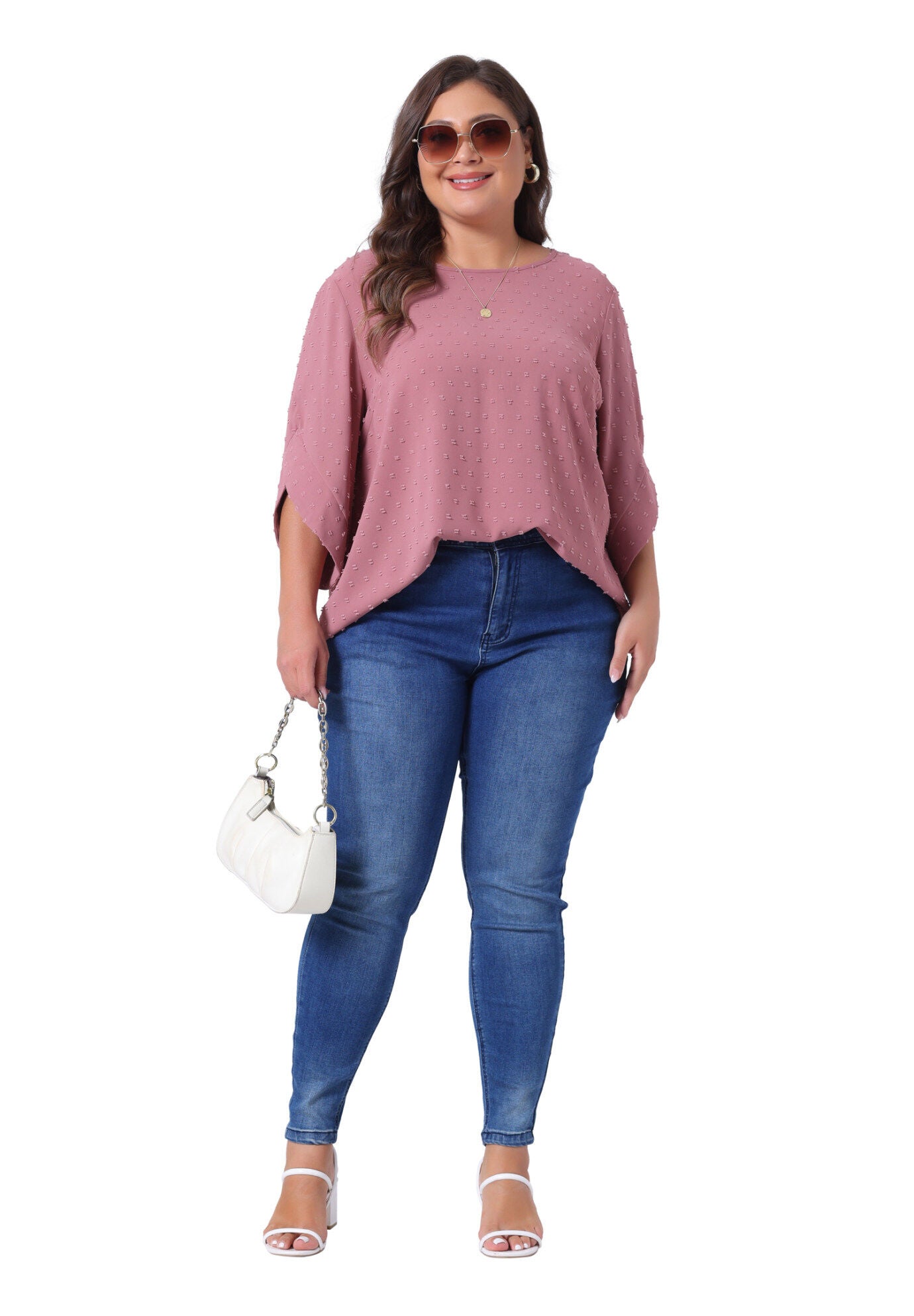 Round Neck Petal Sleeve Swiss Dots Blouse Top, Dark Pink / Pink, hi-res image number 0