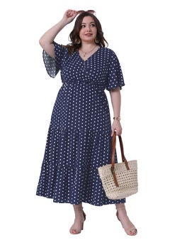 Wrap V Neck Polka Dots A-Line Tiered Summer Maxi Dress