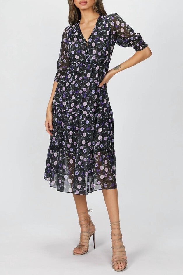 PRINTED MIDI DRESS IN BLACK/PURPLE PEONY, BlackPurple Peony / Black, hi-res image number 0