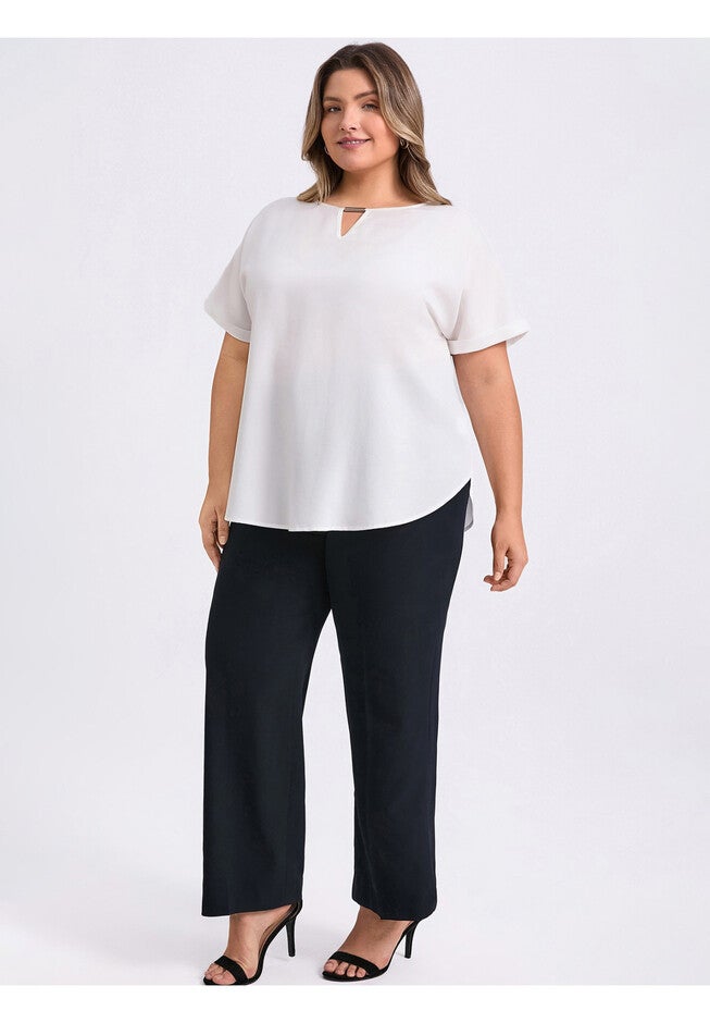 Keyhole Neck Metal Trim Blouses Folded Cuff Short Sleeve T-Shirt Top, White / White, alternate image number 1