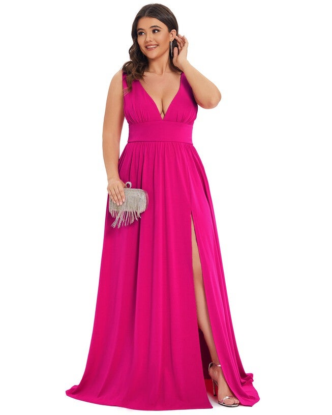 Sleeveless V-Neck Empire Waist High Slit Floor-Length Evening Dress, Hot Pink / Pink, alternate image number null