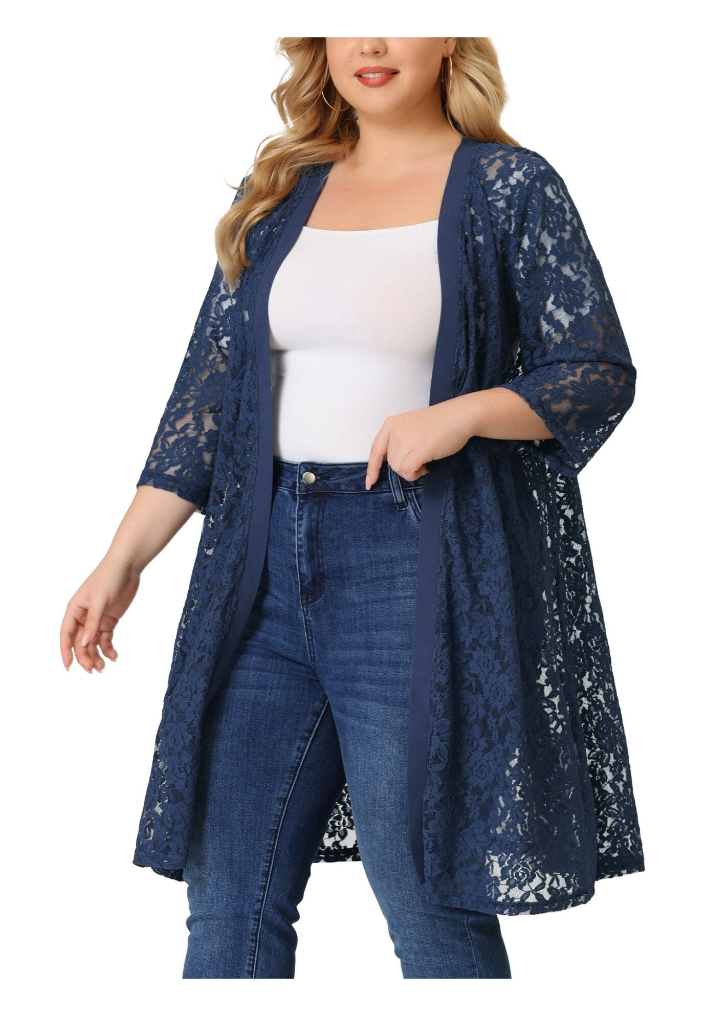 LACE CROCHET 3/4 SLEEVE COVER UP CARDIGAN, Navy / Navy, hi-res image number 0