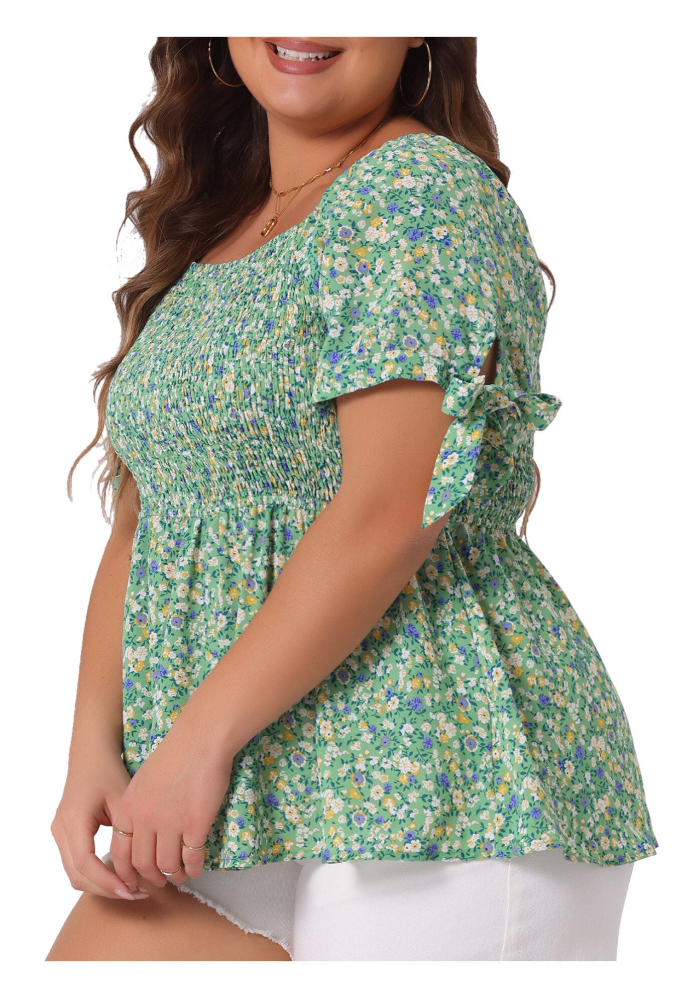 Summer Square Neck Smocked Bow Tie Short Sleeve Peplum Blouse, Green / Kelly Green, alternate image number 1
