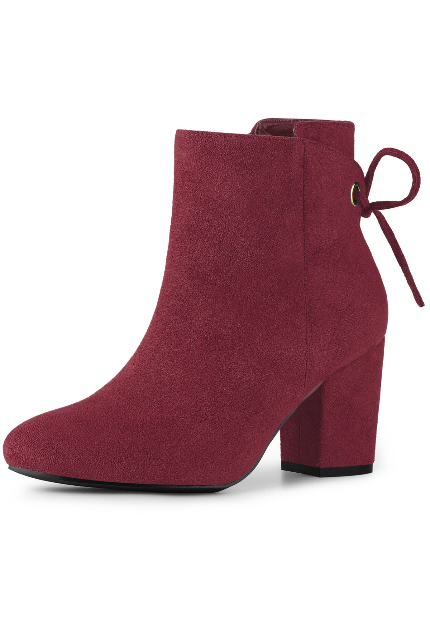Round Toe Lace Up Back Chunky High Heels Ankle Boots, Burgundy / Burgundy, hi-res image number 0