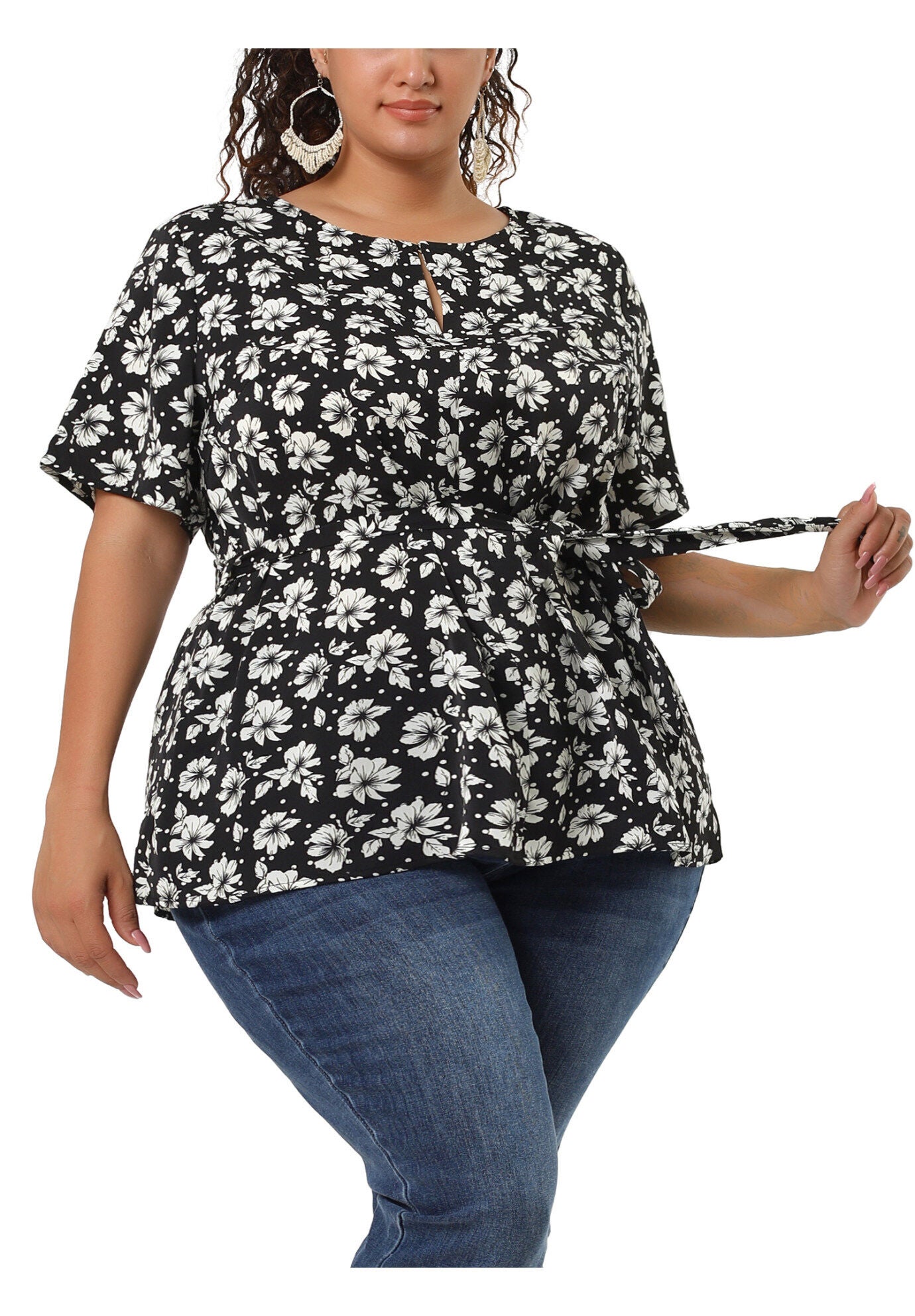 Tie Waist Floral Print Blouse Peplum Summer Top, Black / Black, alternate image number 1