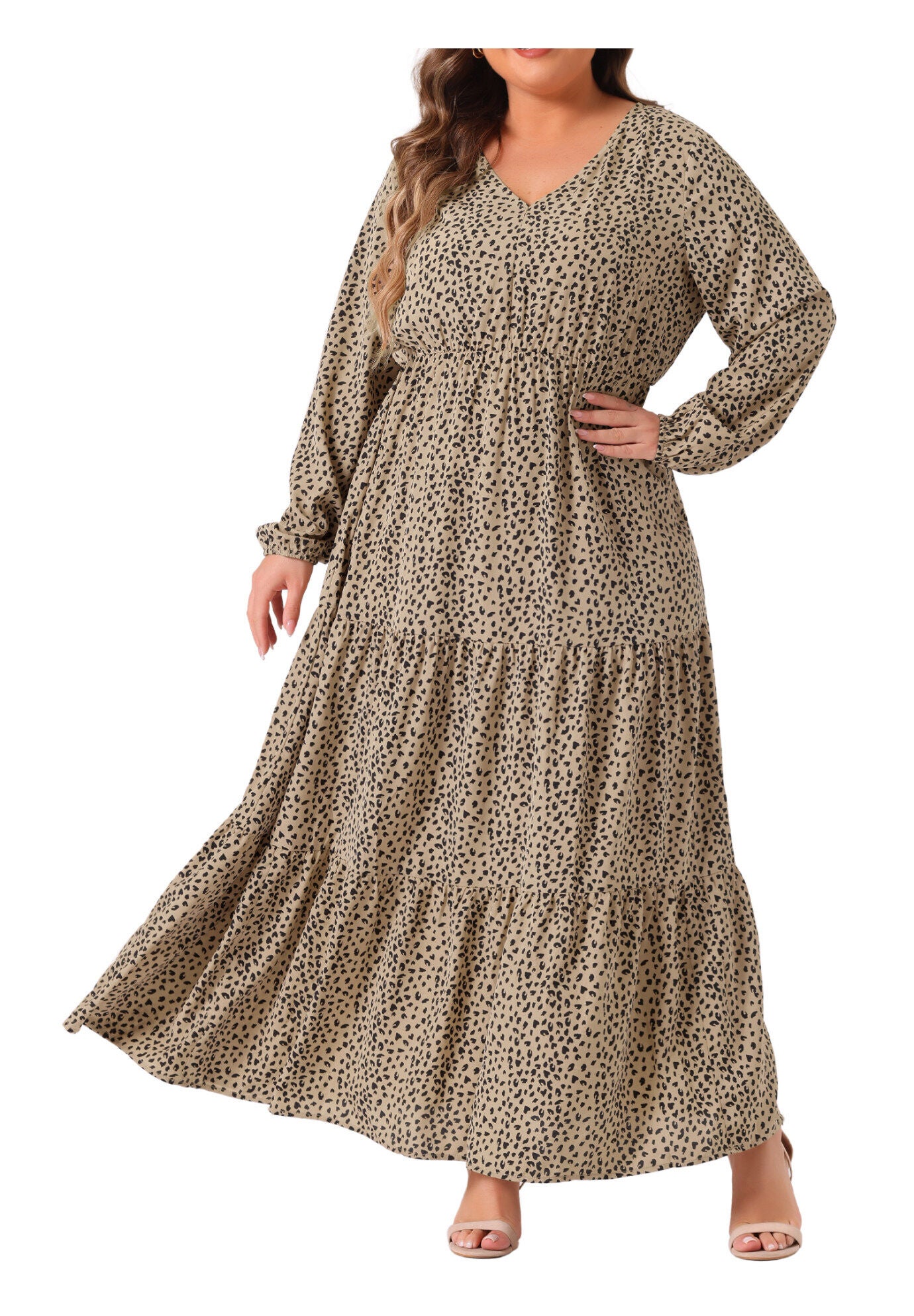 Printed Long Maxi Dress Lantern Sleeve Ruffle Hem Flowy Boho Dress, Khaki / Brown, alternate image number 1