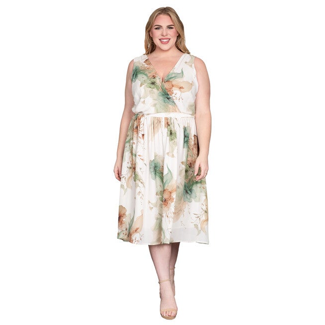 Plus Size Floral Print Faux Wrap V-Neck Midi Dress, Earth Floral / Teal, hi-res image number null