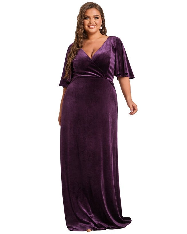 Elegant Double V Neck Velvet Party Dress with Sleeves, Dark Purple / Purple, alternate image number null