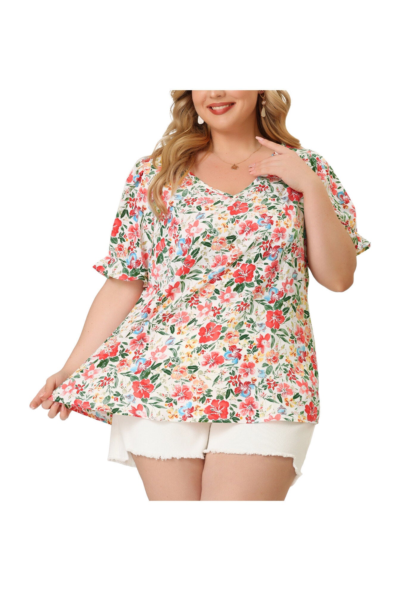 V Neck Ruffle Short Sleeve Chic Summer Blouses, White / White, alternate image number 1