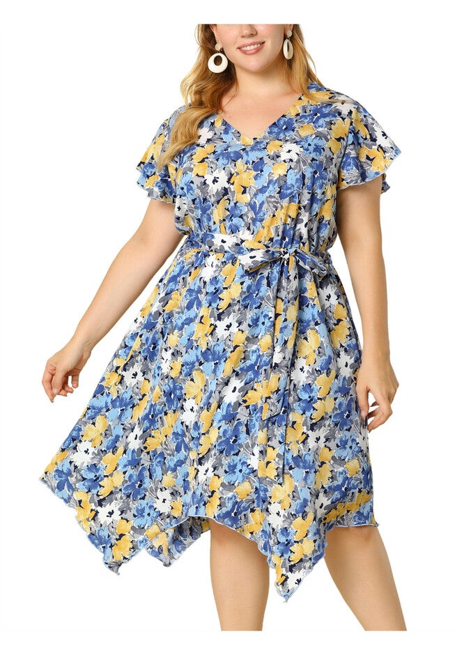 Ruffle Asymmetric High Low Midi Floral Dress, Blue / Light Blue, alternate image number 1