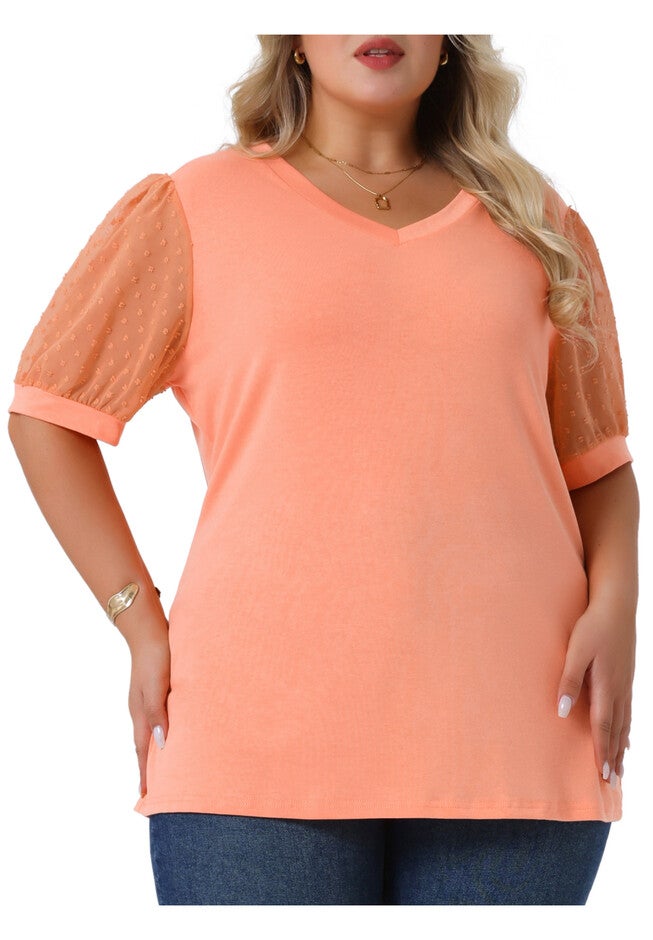 V Neck Swiss Dots Puff Sleeve Loose Top, Orange / Orange, alternate image number 2
