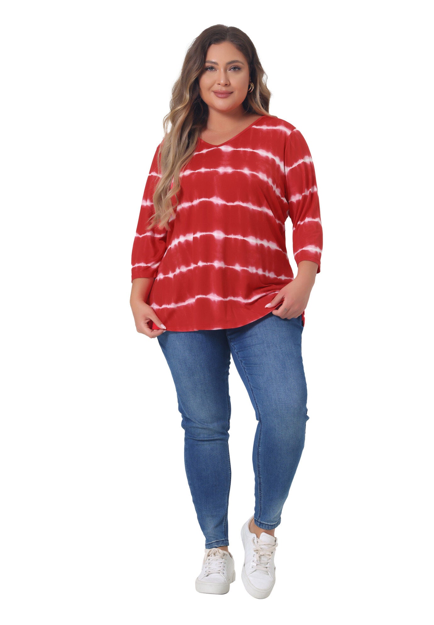 V Neck 3/4 Sleeve Loose Casual Striped Tie Dye Print T-Shirt Top, Red / Red, hi-res image number 0
