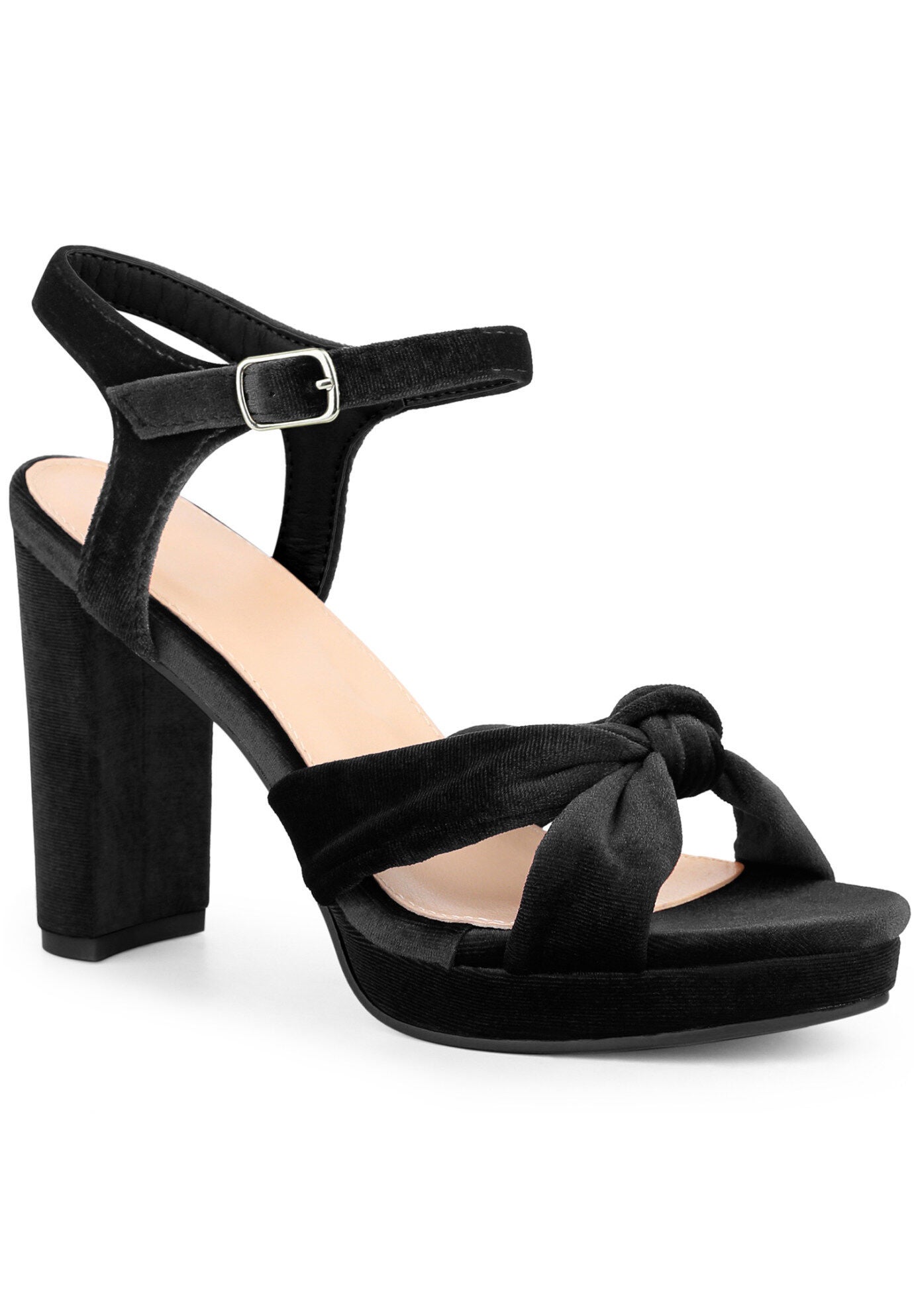 Knot Platform Velvet Block Heel Sandals, Black / Black, hi-res image number 0