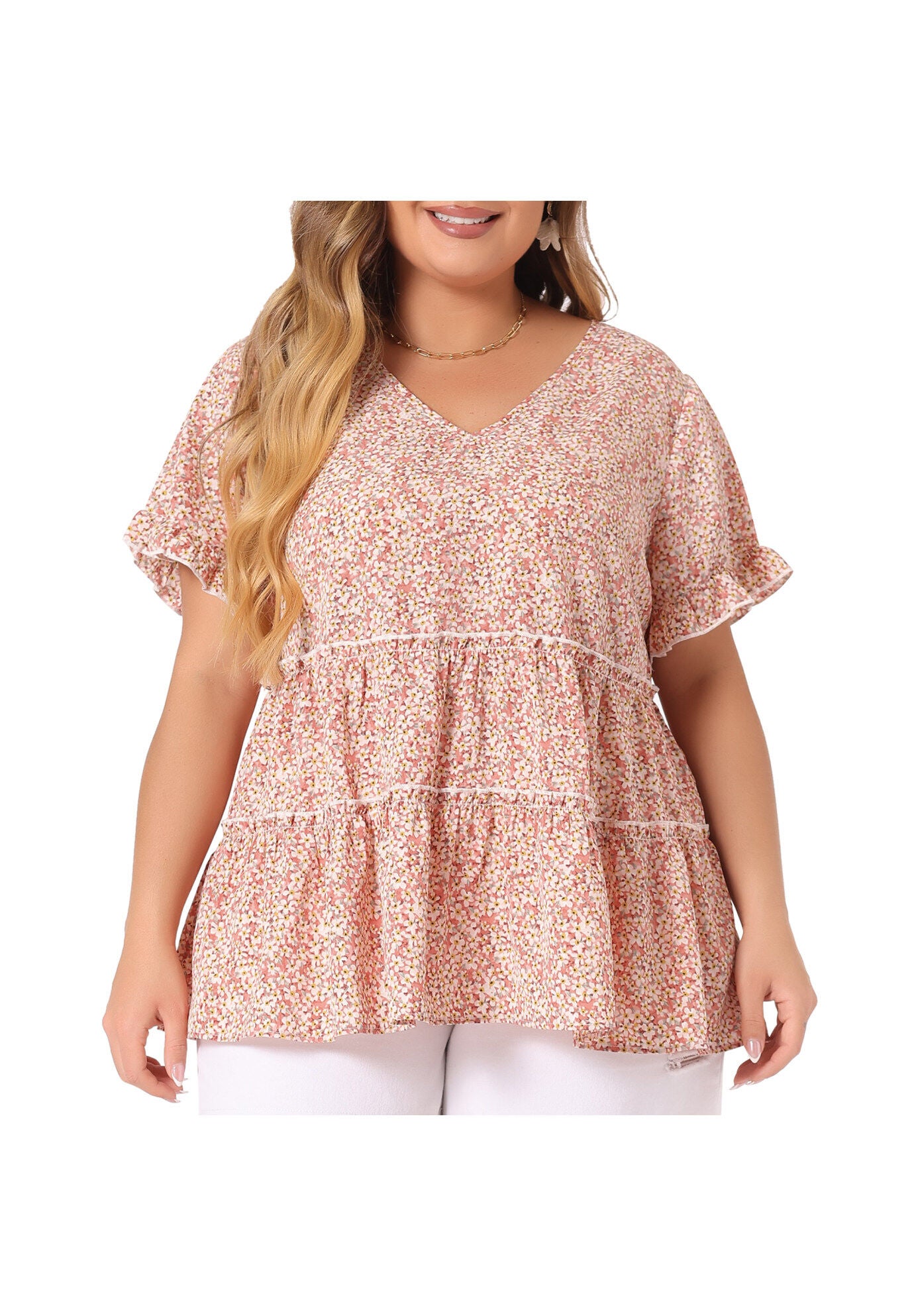 Floral Print V Neck Ruffles Sleeve Tiered Babydoll Blouse, Pink / Pink, alternate image number 2