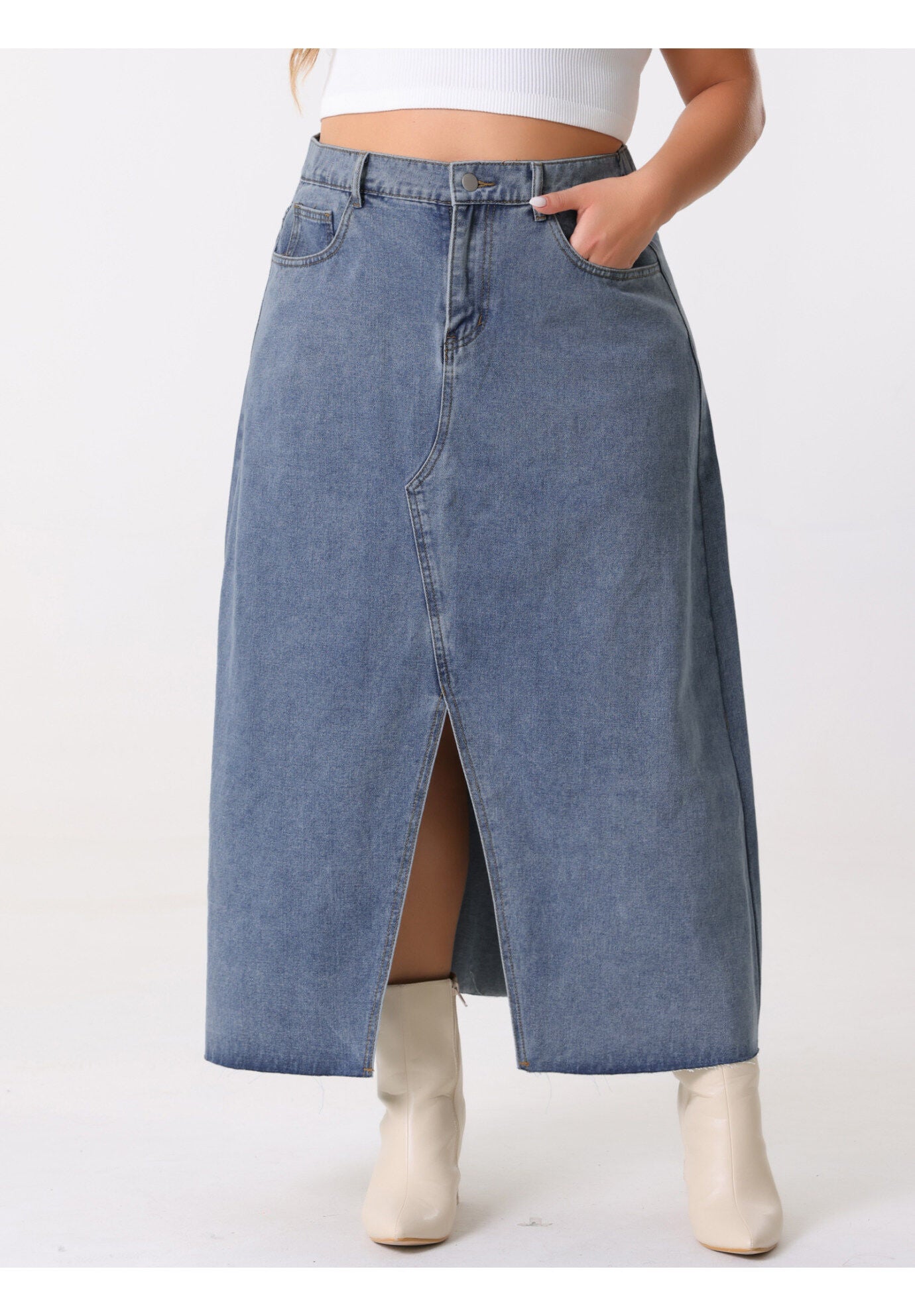 Denim Frayed Raw Hem High Waist Front Slit Long Jean Maxi Skirt, Gray Blue / Dusty Blue, alternate image number 3