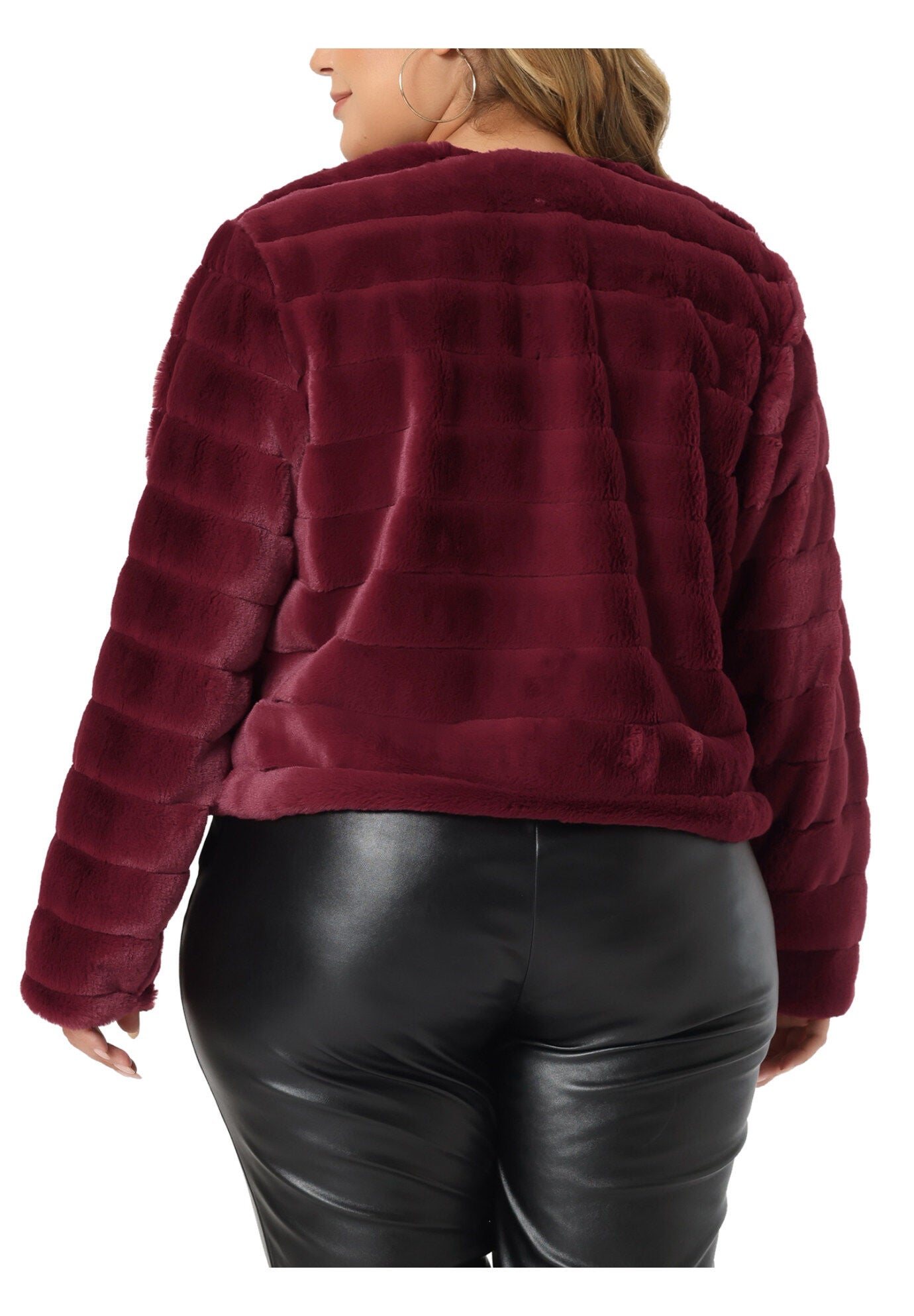 OPEN FRONT CROPPED FAUX FUR WINTER FLUFFY JACKET, Burgundy / Red, alternate image number 4