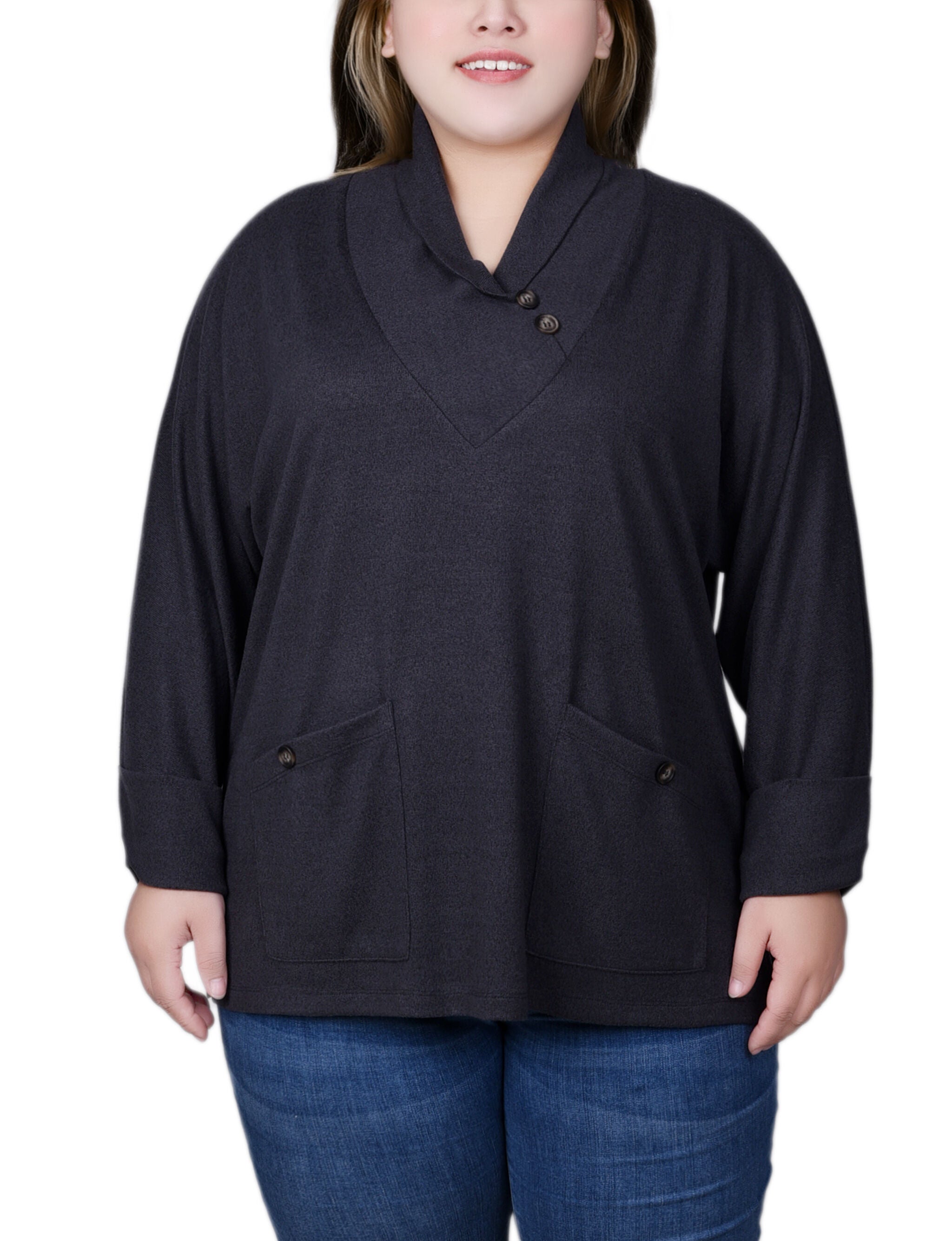 Long Sleeve Shawl Collar Top With Pockets, Dark Charcoal, hi-res image number 0