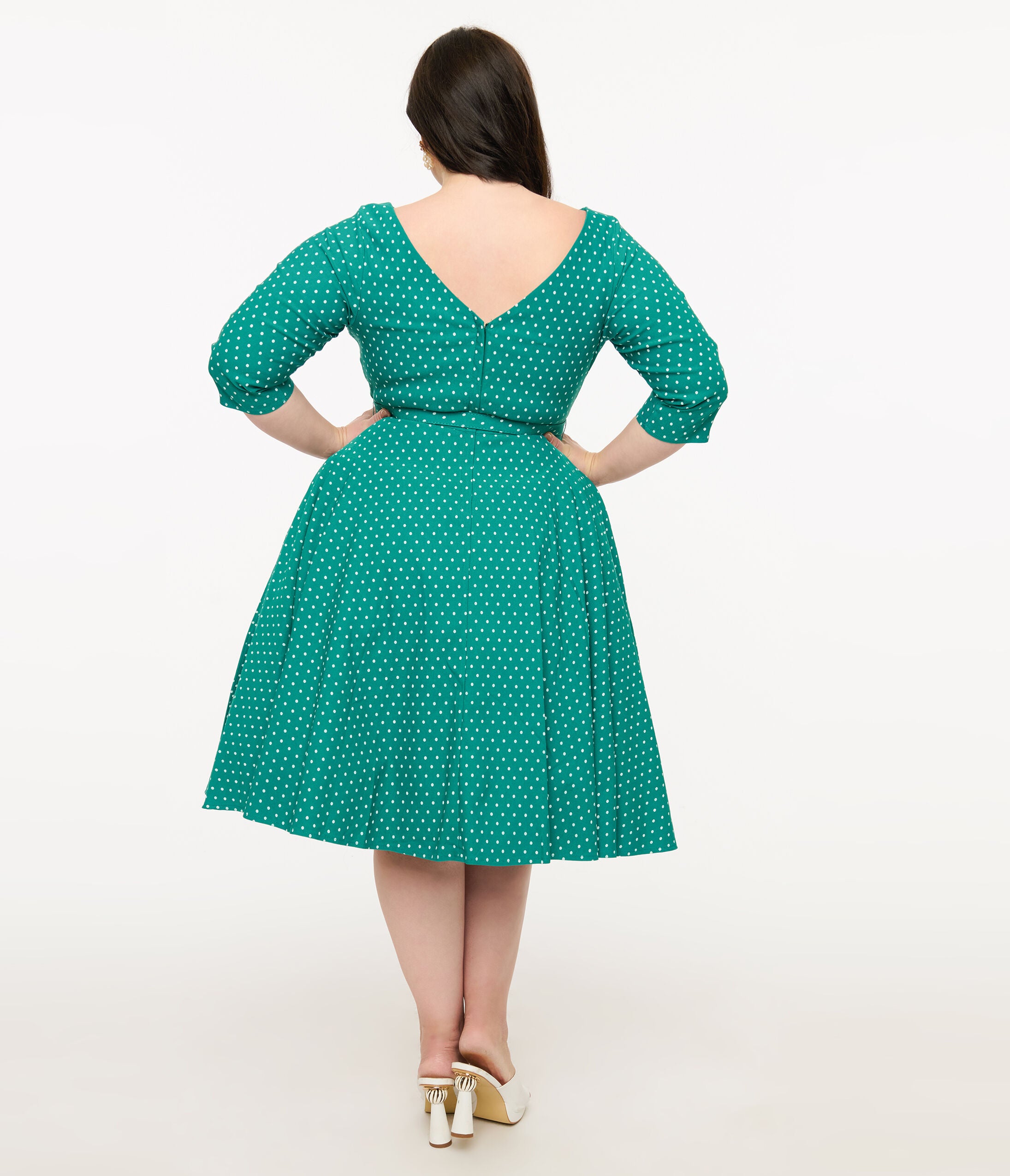 Unique Vintage Plus Size Teal & White Pin Dot Devon Swing Dress, Teal / Teal, alternate image number 1