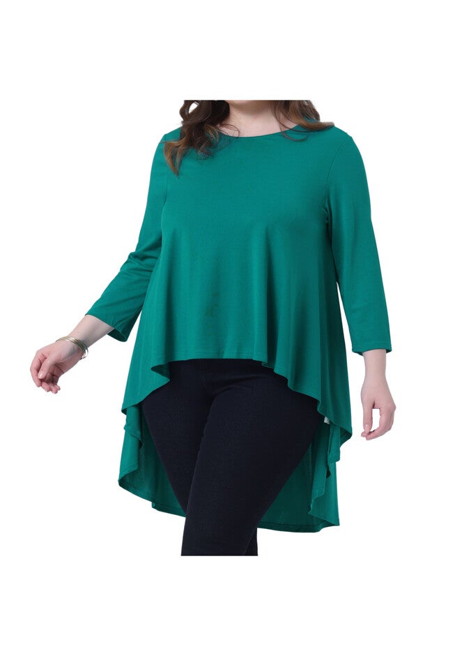 3/4 Sleeve Crew Neck Asymmetrical Hem Tunic Shirt, Green / Teal, alternate image number 1