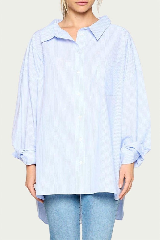 STRIPED BOYFRIEND COTTON-POPLIN SHIRT IN BLUE STRIPE, Blue Stripe / Light Blue, hi-res image number null