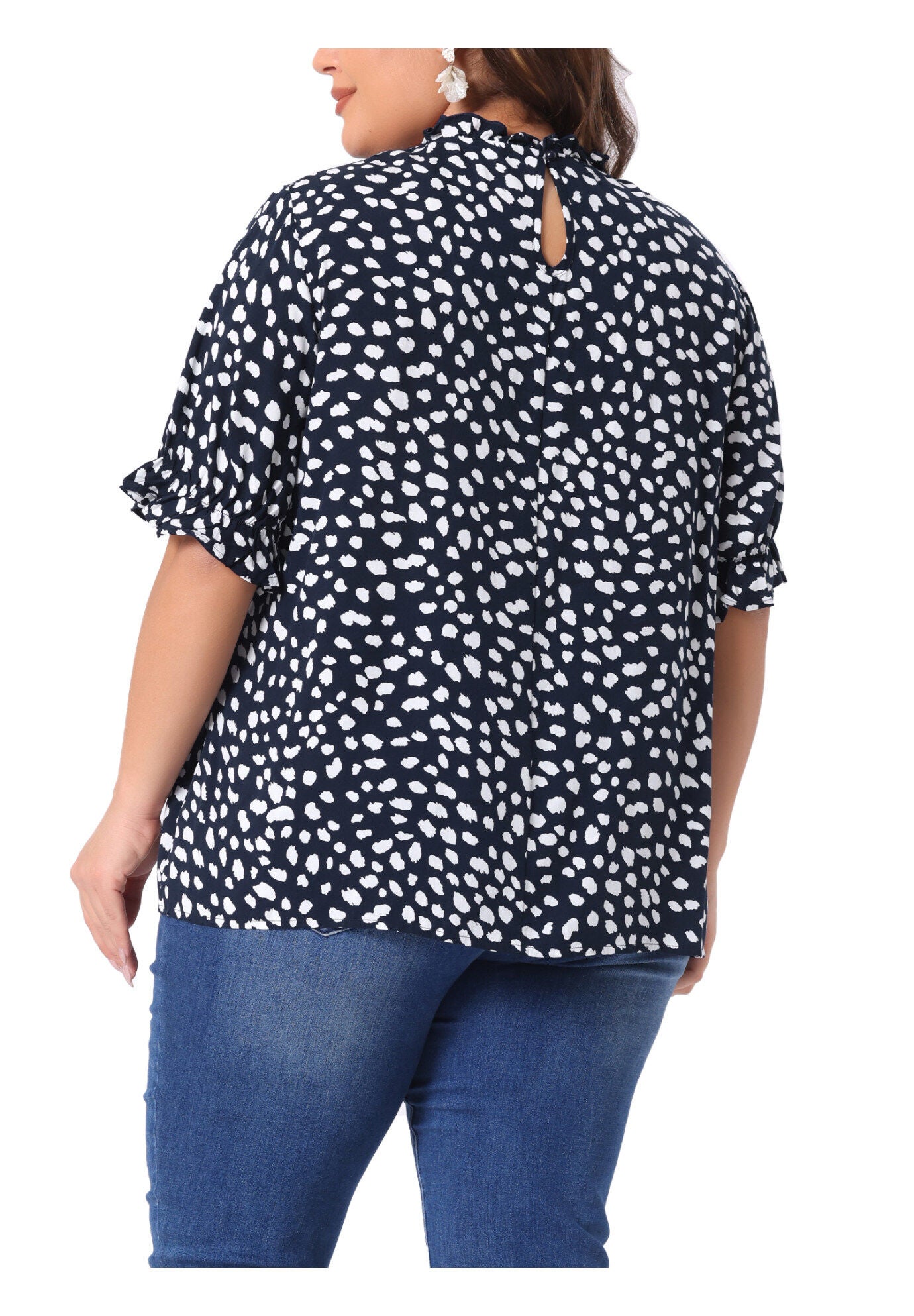 Polka Dots Printed Short Sleeve Ruffle Mock Neck Blouse, Navy Blue / Navy, alternate image number 2