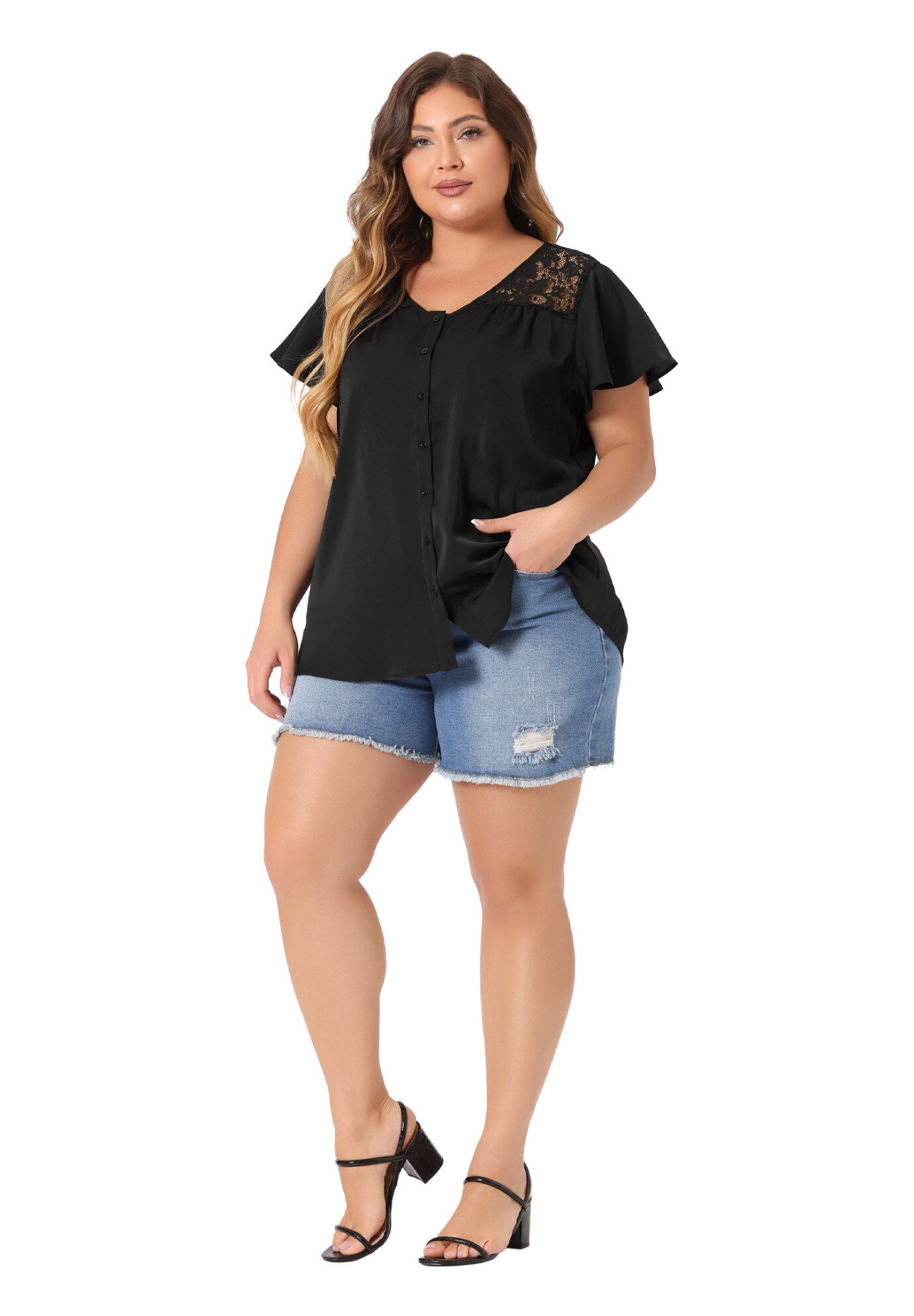 Chiffon Shirt Summer Lace V Neck Flare Sleeve Casual Work Top, Black / Black, hi-res image number 0