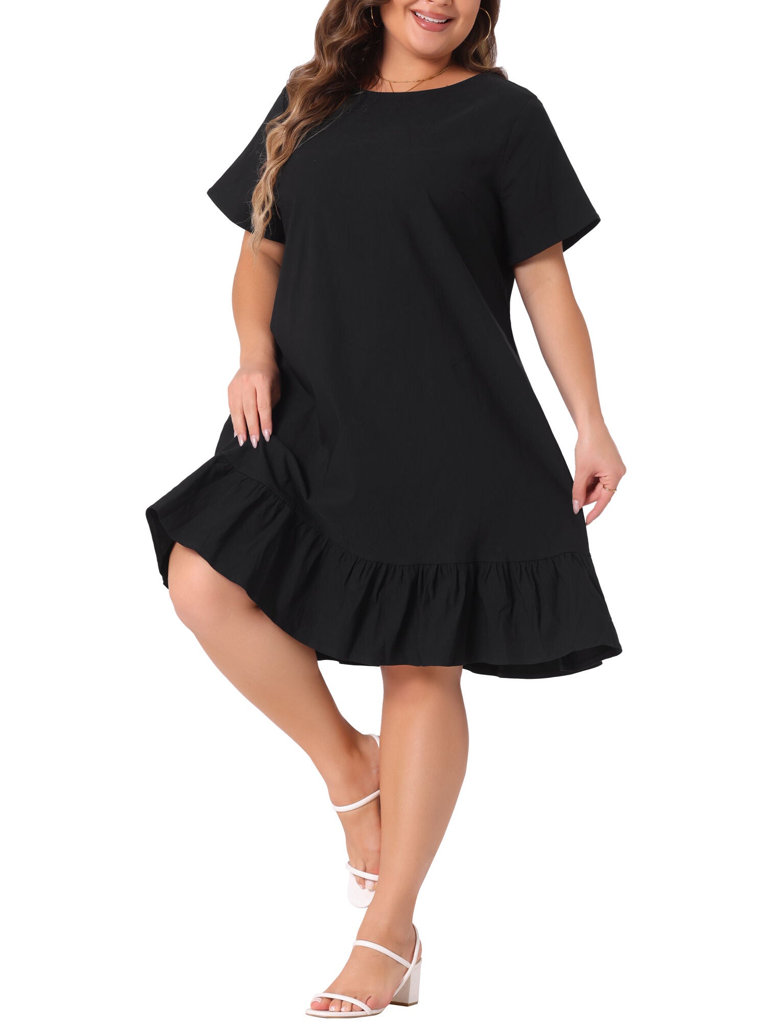 Ruffle Hem Casual Short Sleeve Chambray Dress, Black / Black, alternate image number 1