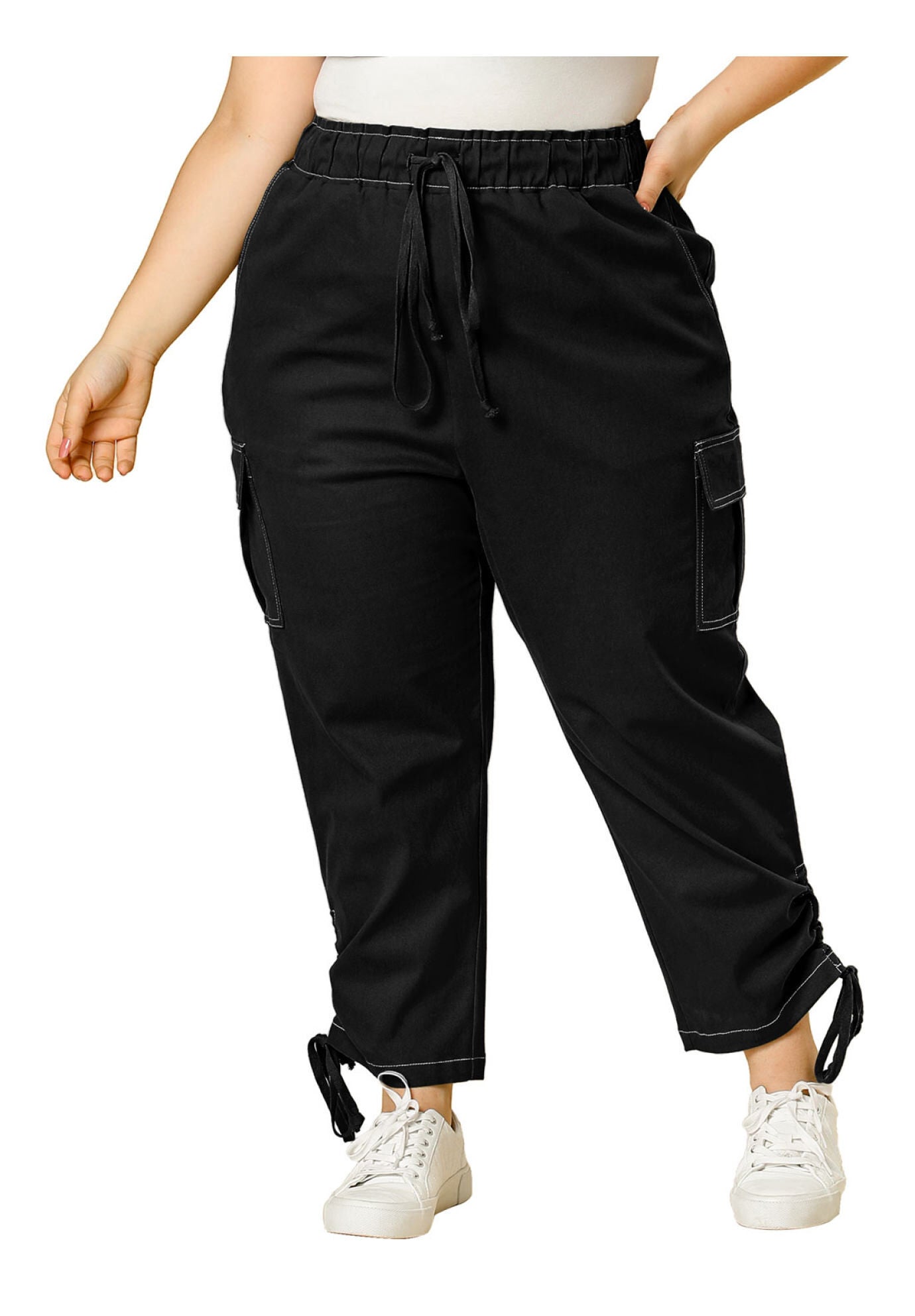 DRAWSTRING ELASTIC WAIST CARGO PANTS, Black / Black, alternate image number 4