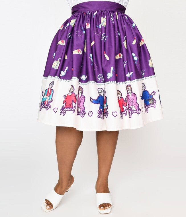 The Golden Girls x Unique Vintage Plus Size Purple Character Border Gellar Swing Skirt, Purple Golden Girls Print / Purple, alternate image number null