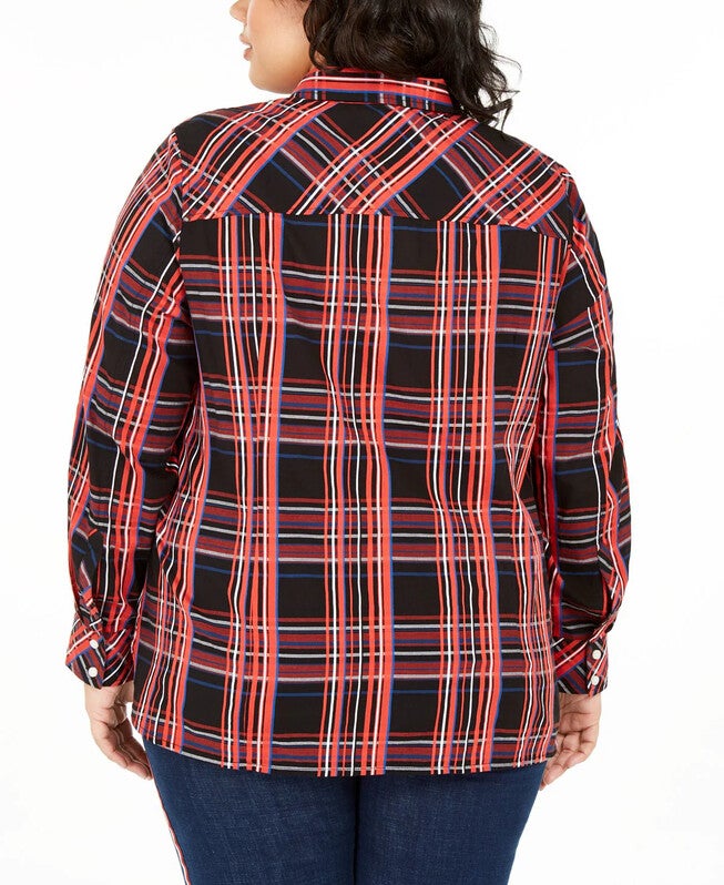 Tommy Hilfiger Women's Plus Button Down Plaid Roll Tab Sleeves Top Red Size 1X, Red / Red, alternate image number null