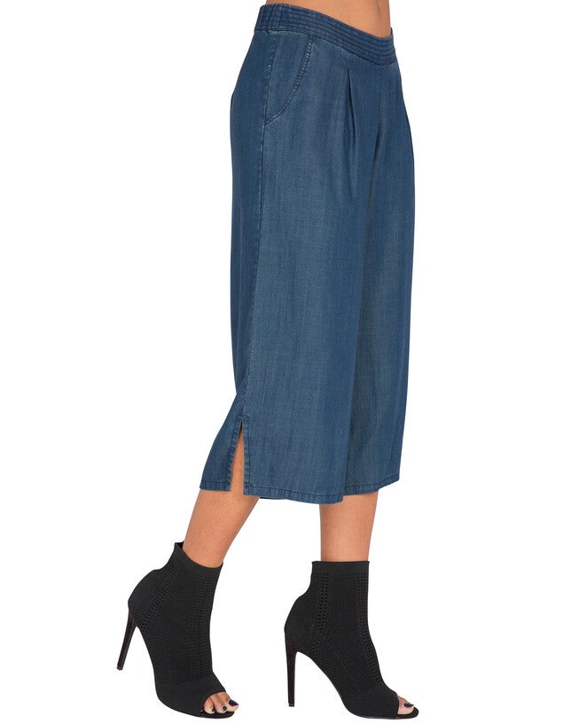 Diana Wide-Leg Cropped Indigo Tencel Denim Palazzo Pants, Blue / Medium Wash, alternate image number null